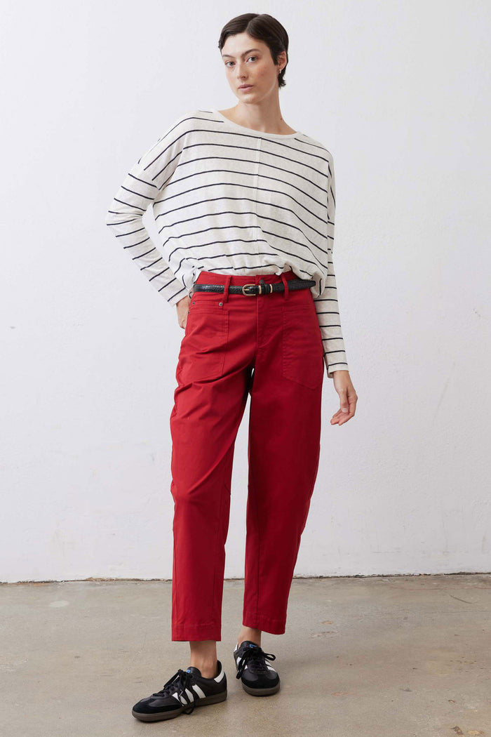 Scarlet slouchy twill pants with belt loops, button fly, and cuffed hem
