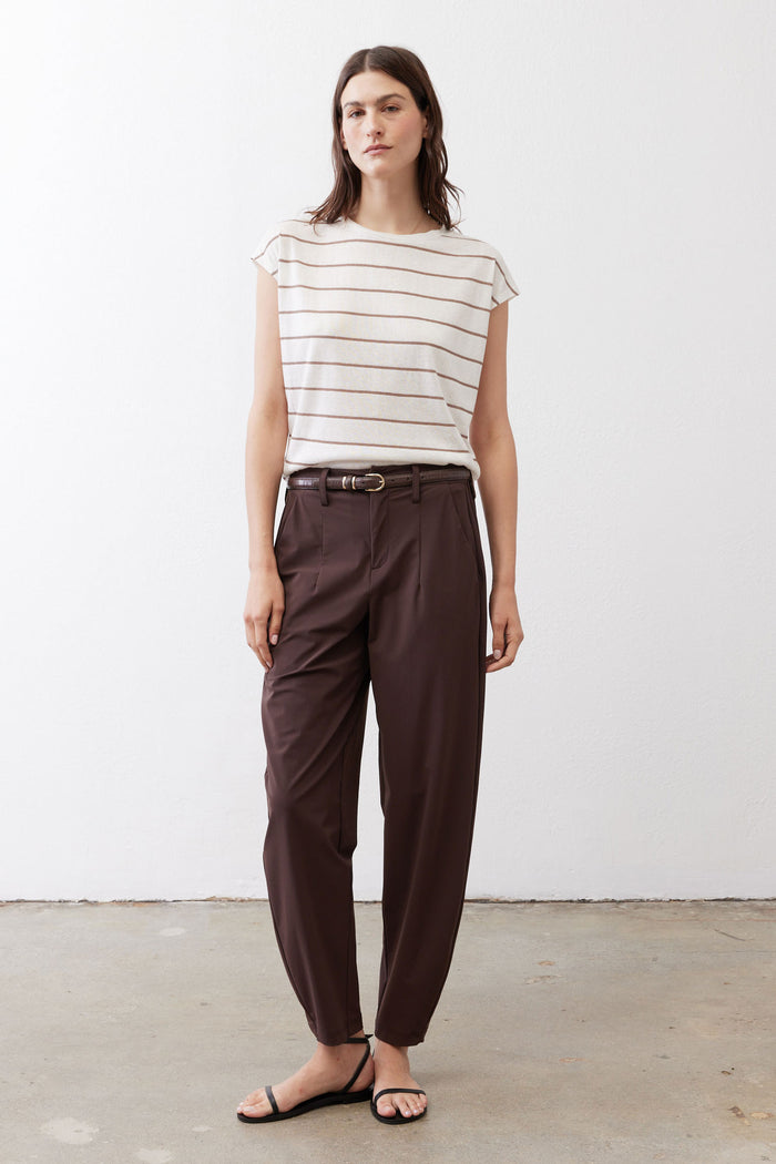 Cream striped cap-sleeve tee with crew neckline and light brown horizontal stripes