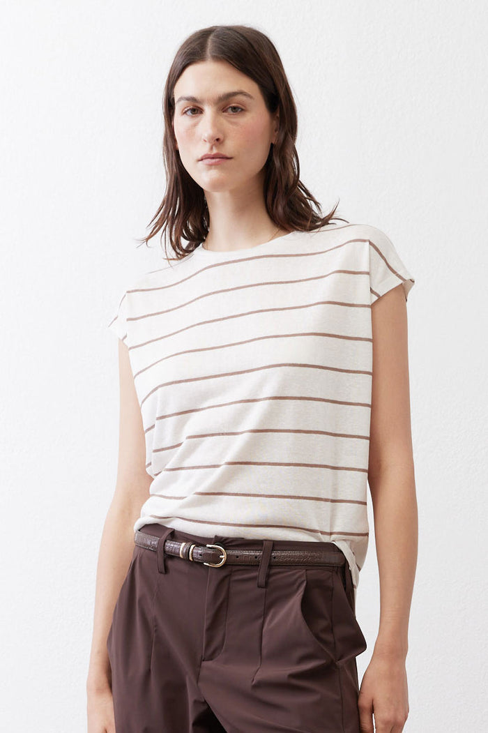 Cream striped cap-sleeve tee with crew neckline and light brown horizontal stripes, front view