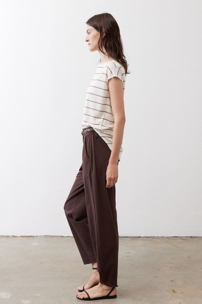 Cream striped cap-sleeve tee with crew neckline and light brown horizontal stripes, side view