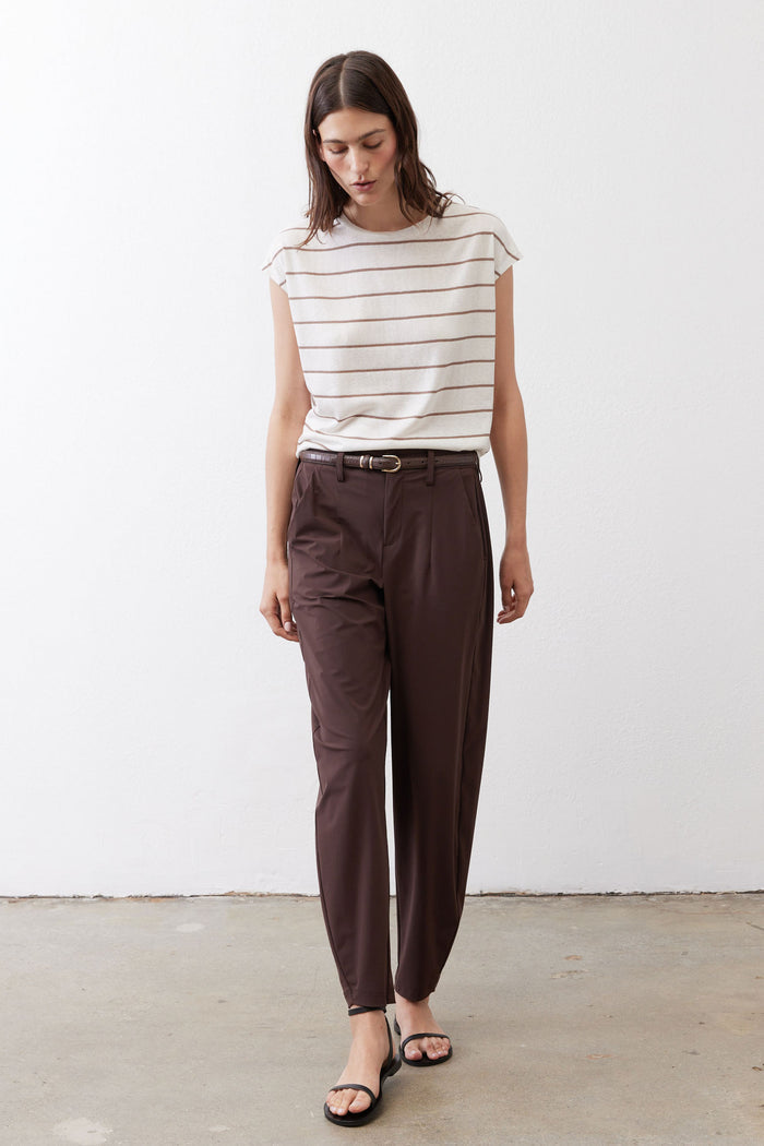 Cream striped cap-sleeve tee with crew neckline and light brown horizontal stripes, front