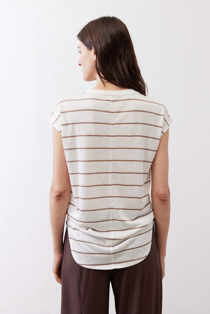 Cream striped cap-sleeve tee with crew neckline, light brown stripes and draped back