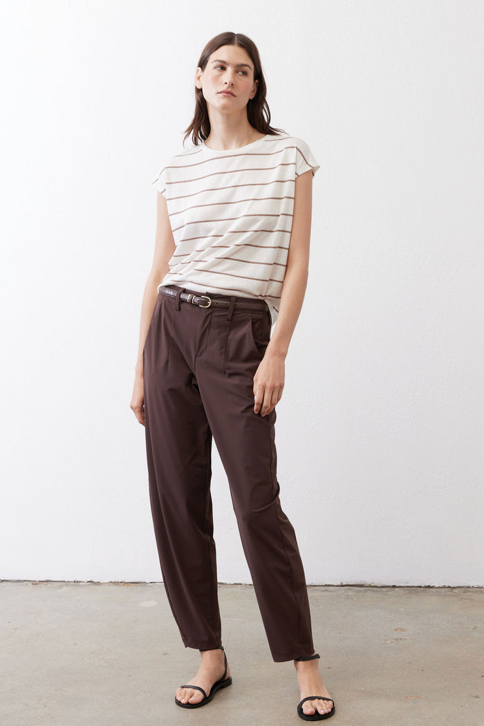 Cream striped cap-sleeve tee with crew neckline, draped fit and light brown stripes