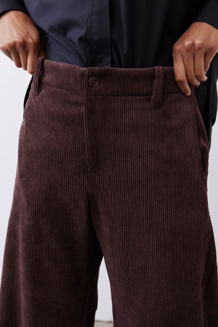 Chocolate-plum corduroy barrel pants close-up, button fly and welt pockets