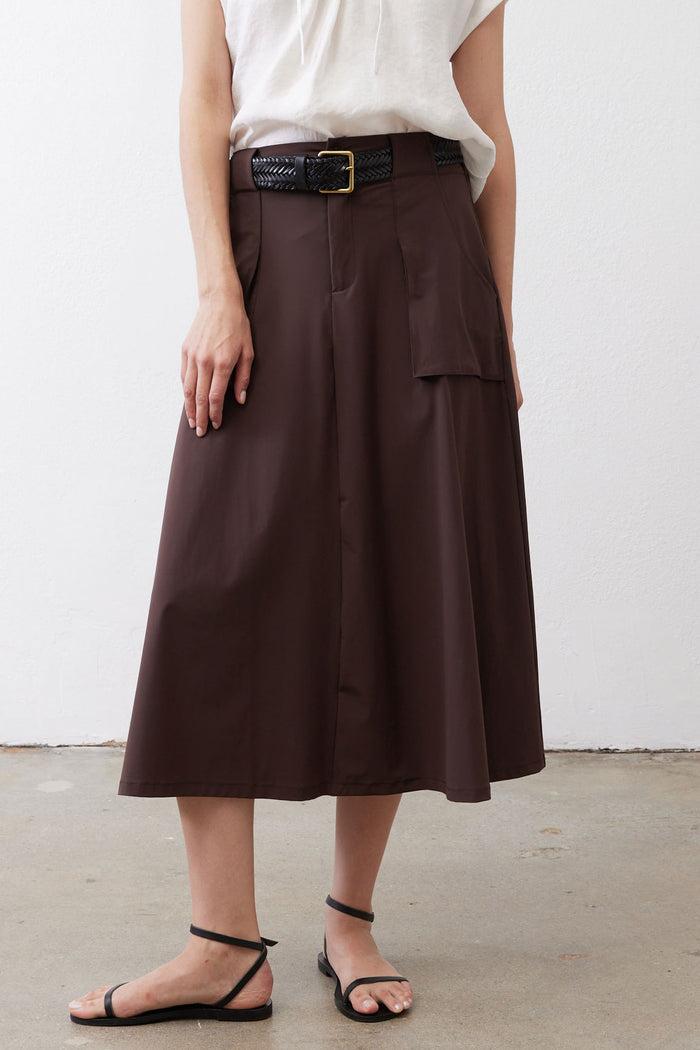 Coffee-brown utility midi skirt front view with cargo pocket and belt loops