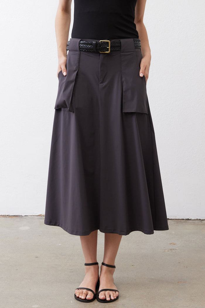 Graphite utility skirt with belt loops, front closure, and layered cargo pockets