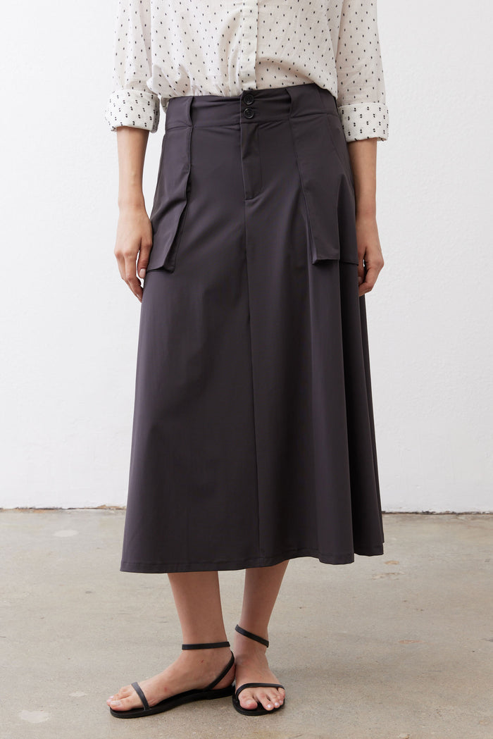Graphite utility skirt with front button closure and side cargo pockets