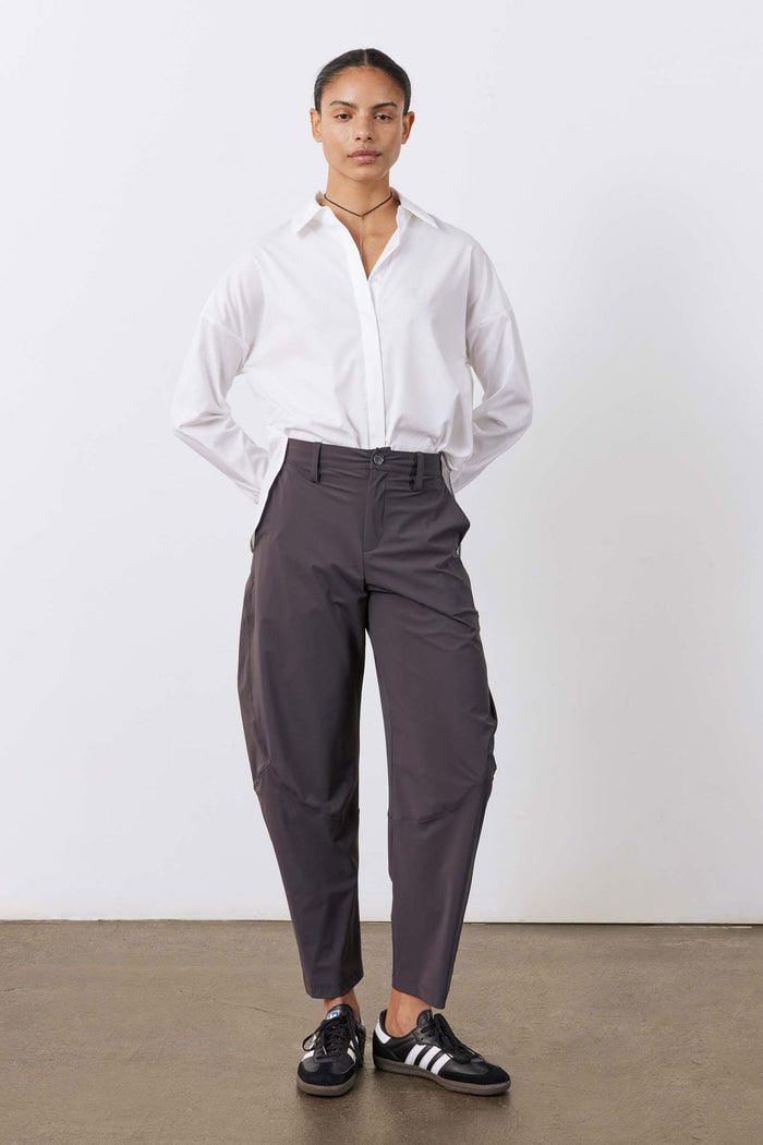 Graphite wide-leg pants with front button closure and belt loops