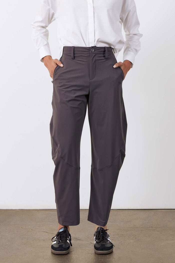 Graphite wide-leg pants with front button and zip, pleated waist detail
