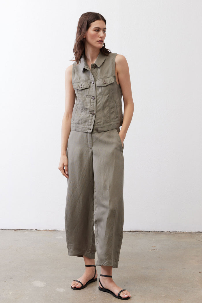 Wide-leg ankle pants in muted olive with front pockets and button closure