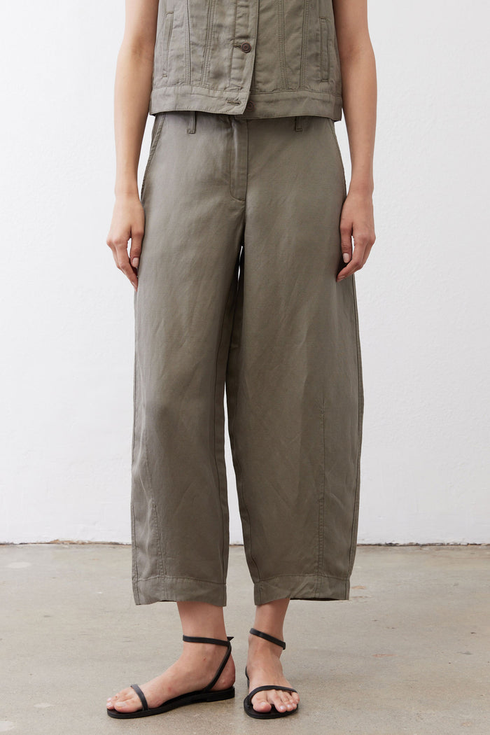 Wide-leg ankle pants in muted olive with front seams and cropped ankle length