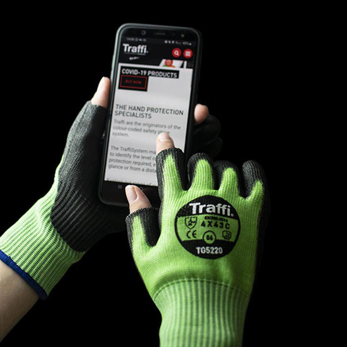 TraffiGlove TG5220 X-Dura 3-Digit Cut C PU Palm Coated Green Gloves - 10g