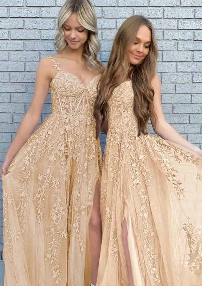 Tulle Lace Appliques Ball Gown Teens Spaghetti Straps Sparkly Prom Dress Long V Neck Formal Evening Party Dresses