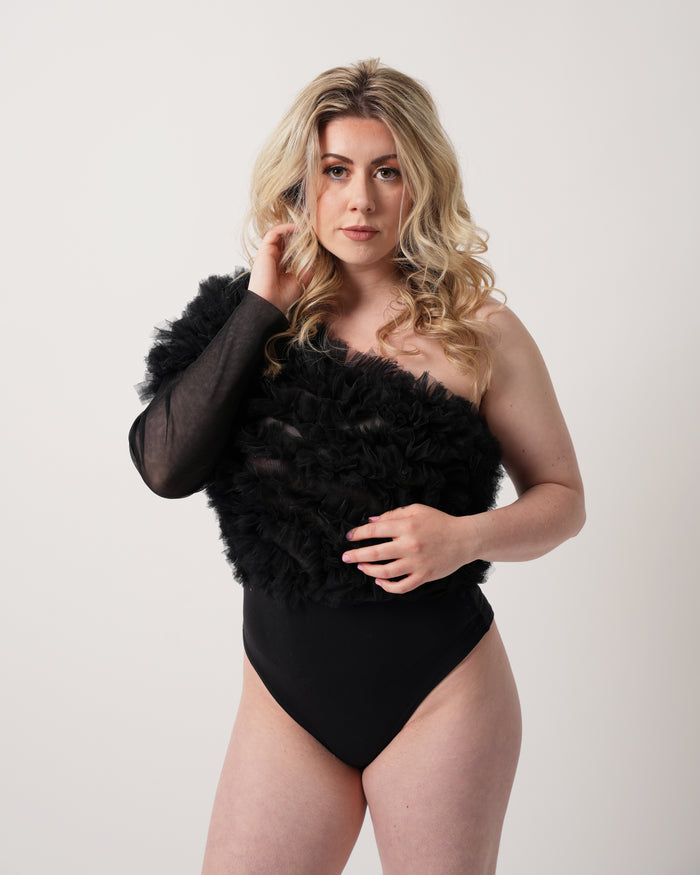 Ukiyo Bodysuit - One Shoulder Tulle Ruffle Bodysuit - Dimaz
