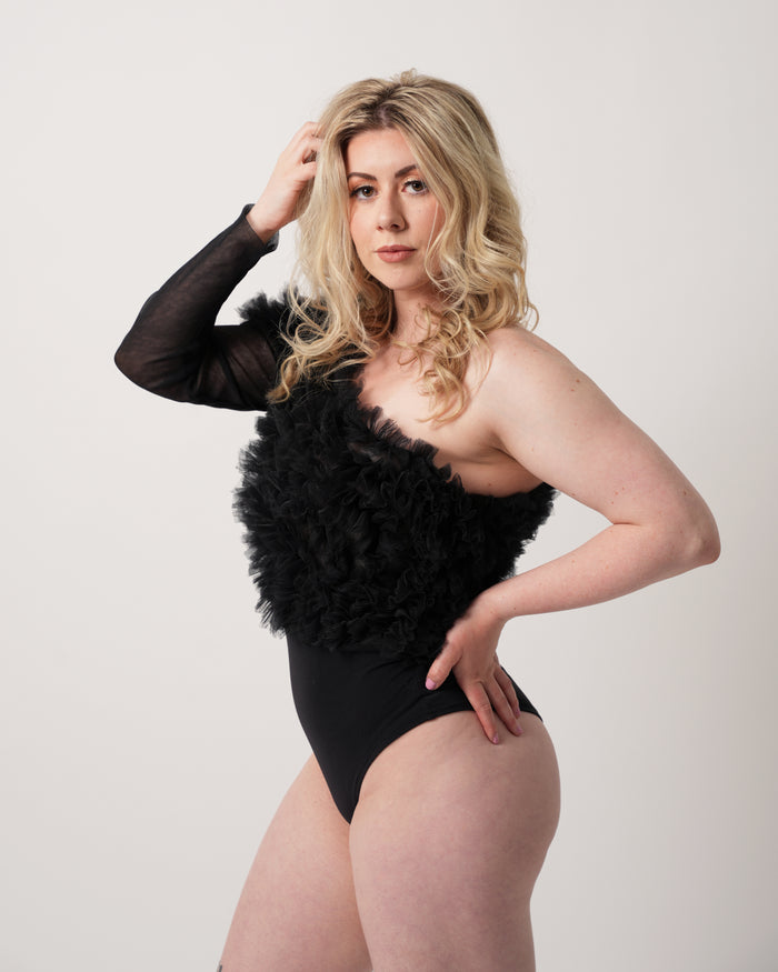 Ukiyo Bodysuit - One Shoulder Tulle Ruffle Bodysuit - Dimaz