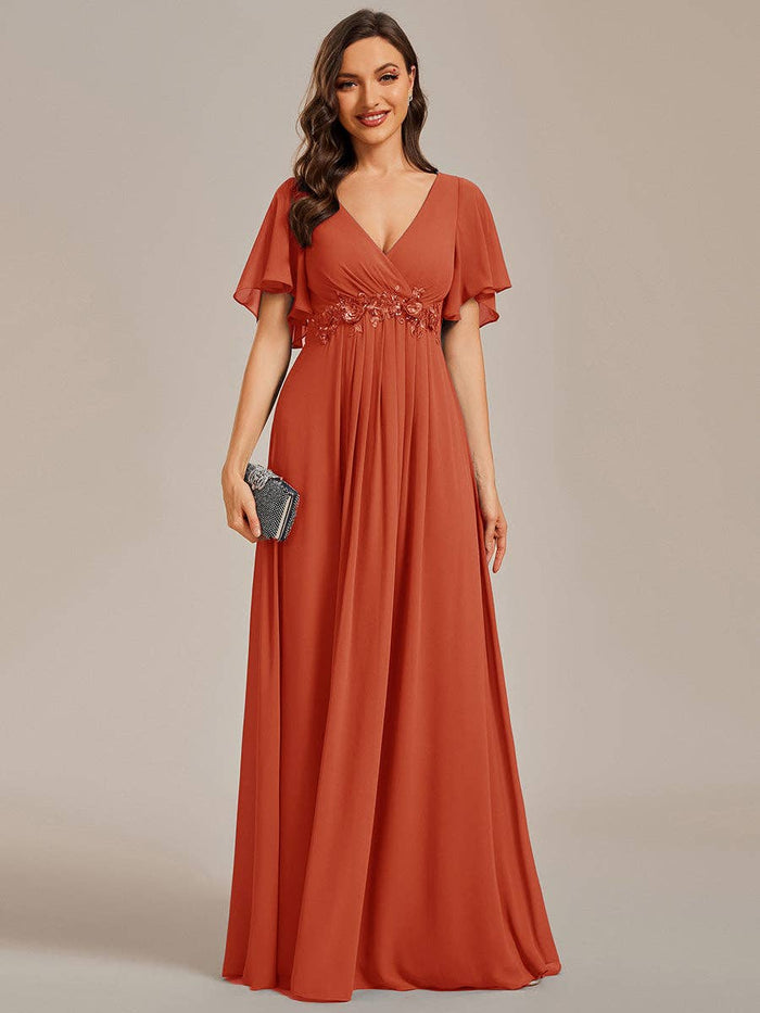 V Neck Appliques Pleated Bridesmaid Dress