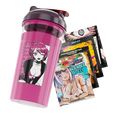 Clear shaker cup with dark purple lid and black-and-white anime girl graphic wearing a skull jacket and fishnet stockings