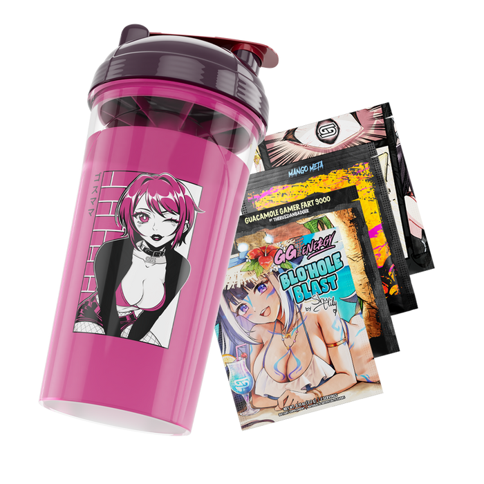 Clear shaker cup with dark purple lid and black-and-white anime girl graphic wearing a skull jacket and fishnet stockings