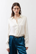 Ivory silk button-down top with pointed collar and button-front closure