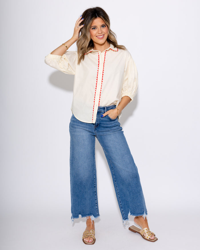 Wavy Trim Delight Button Up Top in Cream