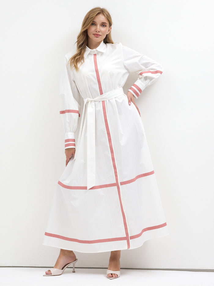 White Cotton Maxi Dress with Pink Grosgrain Trim - Store WF