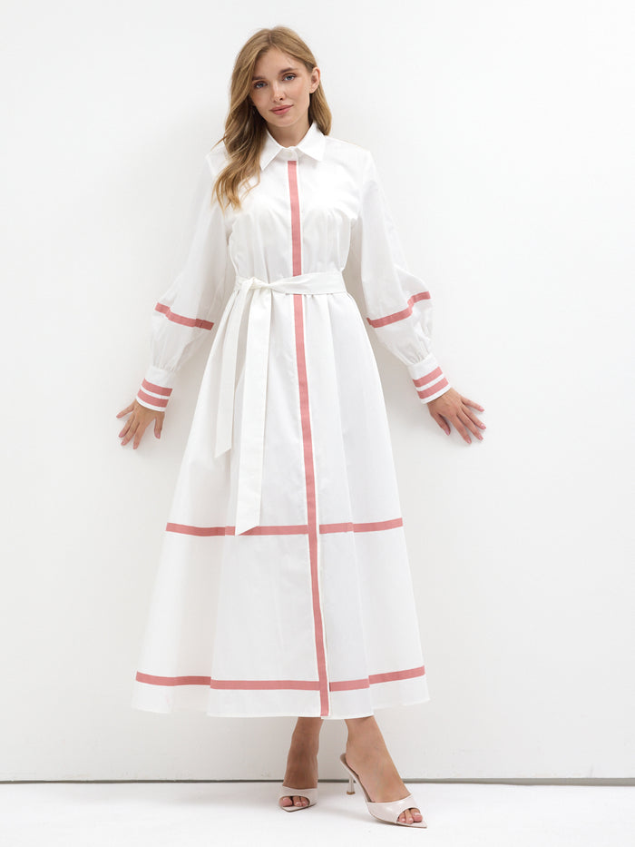 White Cotton Maxi Dress with Pink Grosgrain Trim - Store WF