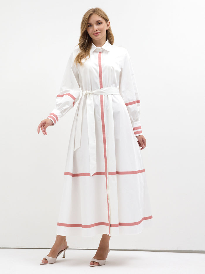 White Cotton Maxi Dress with Pink Grosgrain Trim - Store WF