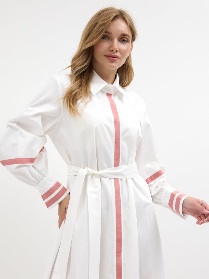 White Cotton Maxi Dress with Pink Grosgrain Trim - Store WF