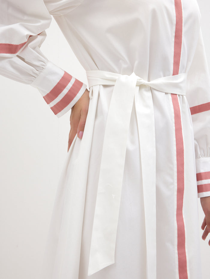 White Cotton Maxi Dress with Pink Grosgrain Trim - Store WF