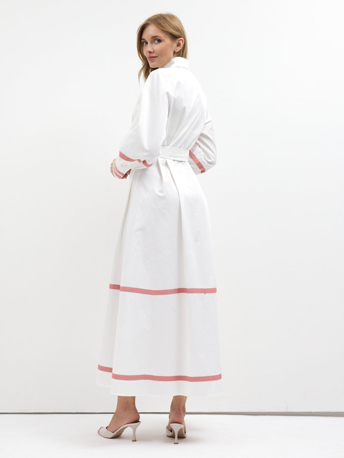 White Cotton Maxi Dress with Pink Grosgrain Trim - Store WF
