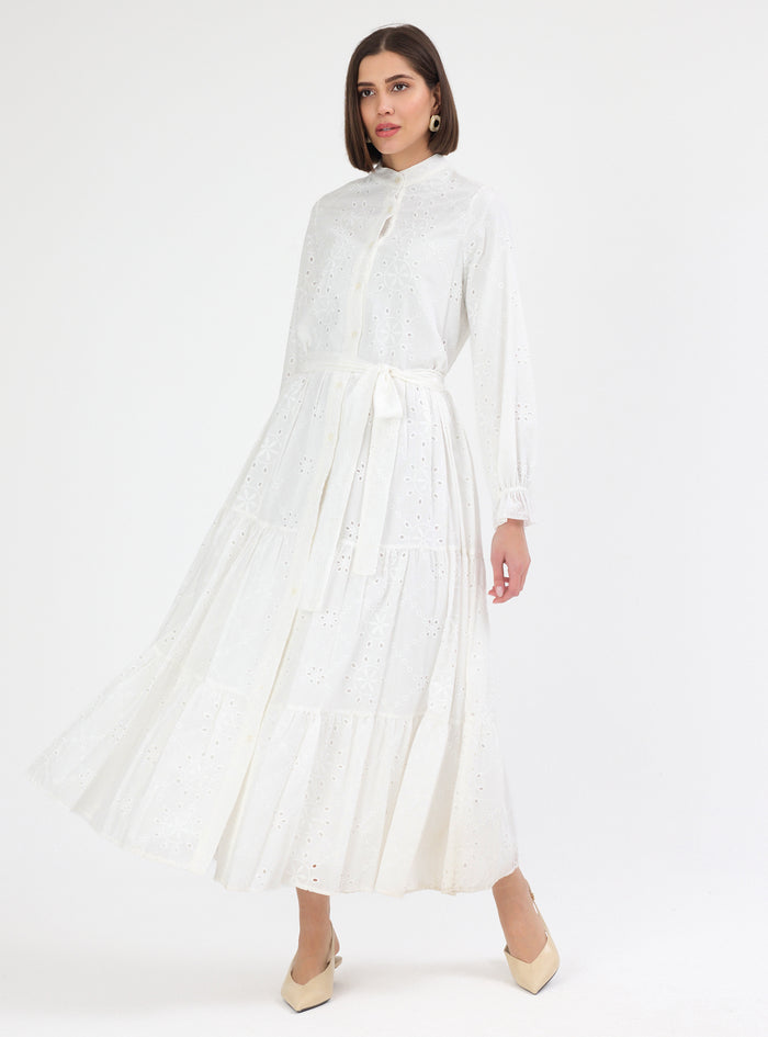 White Embroidered Cotton Maxi Dress - Store WF