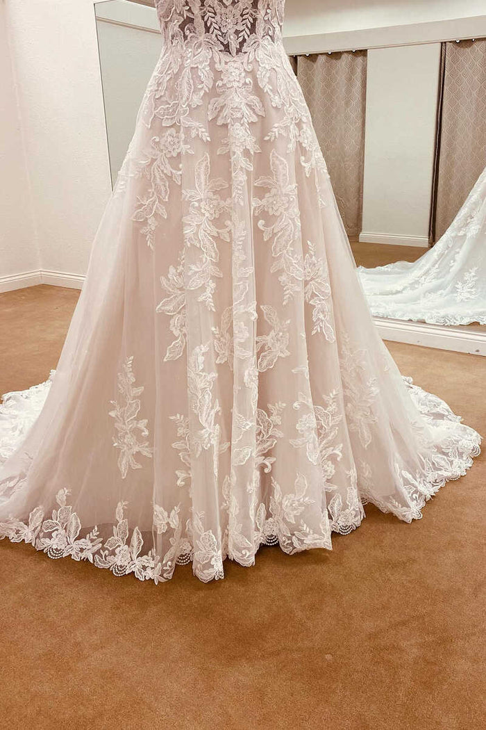 White Lace Sweetheart Straps A-Line Long Bridal Gown