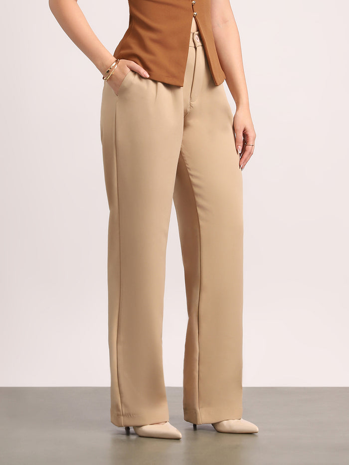Women's Beige Loose Baggy Fit Solid Korean Pants Stretchable
