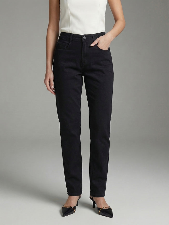 Women's Black High Rise Straight Fit Washed Jeans Non-Stretchable