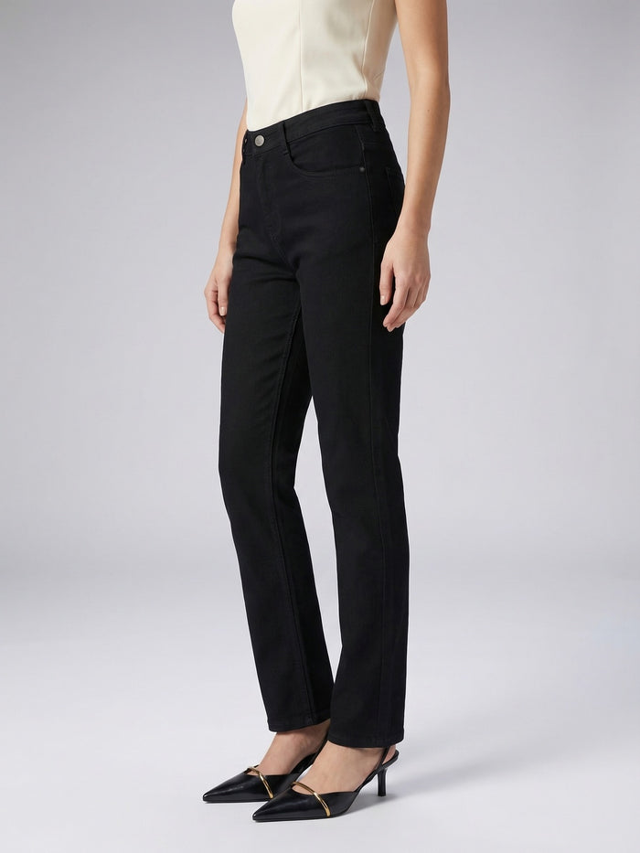 Women's Black High Rise Straight Fit Washed Jeans Non-Stretchable