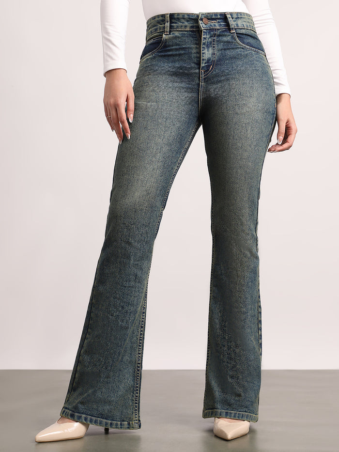 Women's Blue Mid Rise Bootcut Fit Washed Jeans Stretchable