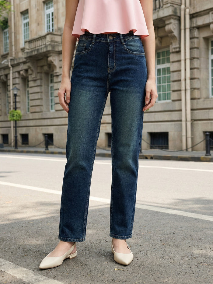 Women's Dark Blue High Rise Straight Fit Washed Jeans Non-Stretchable