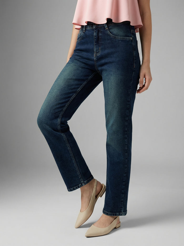 Women's Dark Blue High Rise Straight Fit Washed Jeans Non-Stretchable