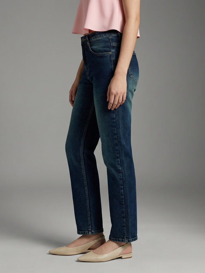 Women's Dark Blue High Rise Straight Fit Washed Jeans Non-Stretchable
