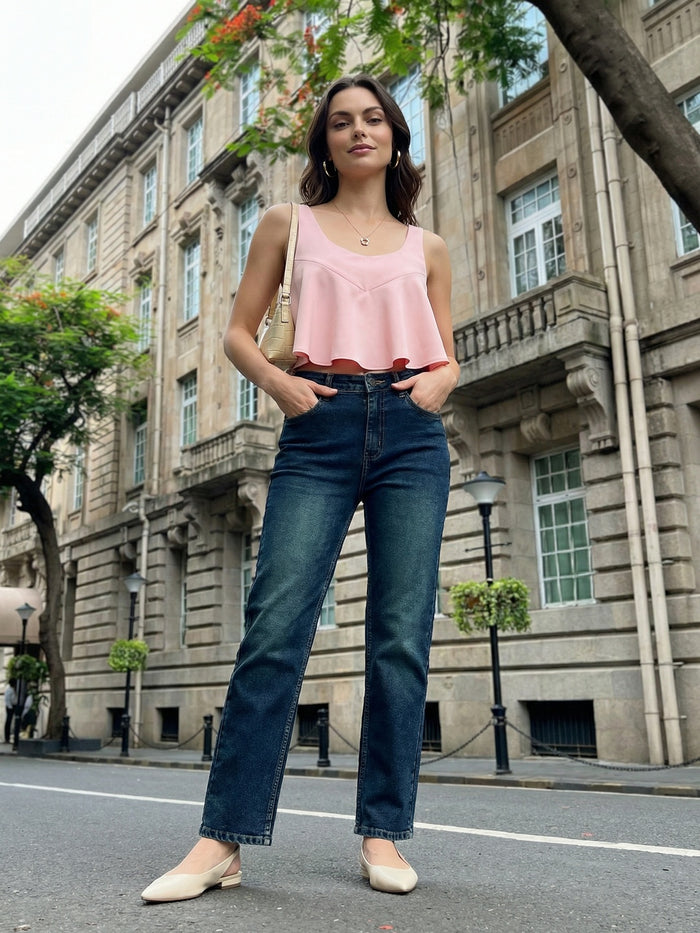 Women's Dark Blue High Rise Straight Fit Washed Jeans Non-Stretchable