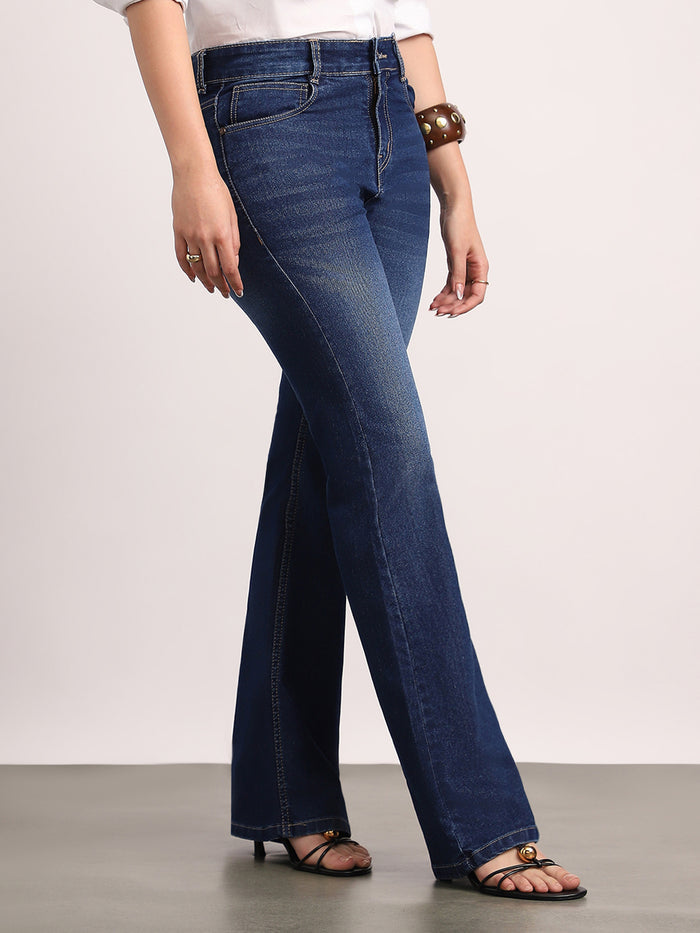 Women's Dark Blue Mid Rise Bootcut Fit Washed Jeans Stretchable