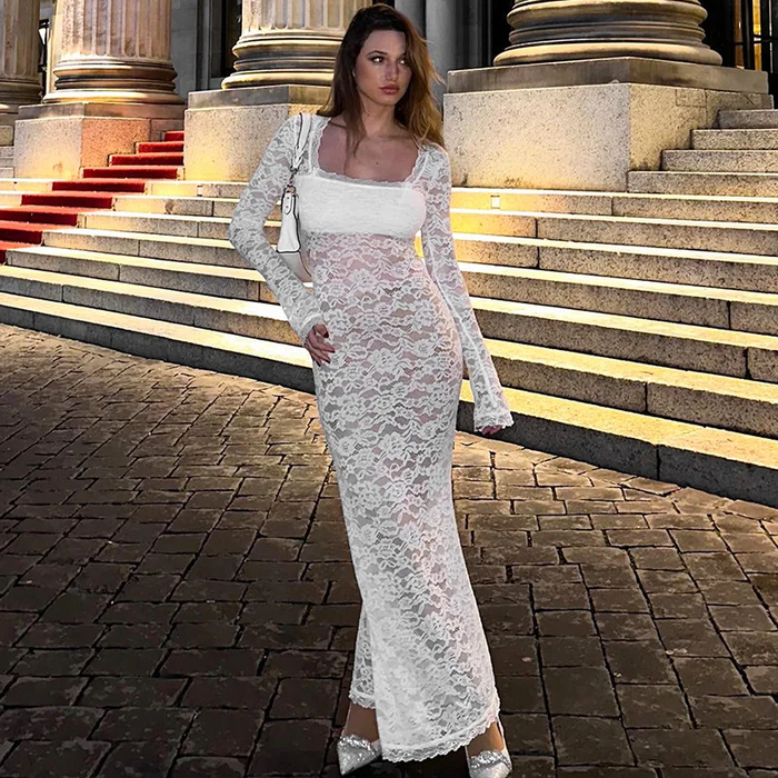 Women's Elegant Lace Floral Party Dress Long Sleeve Square Neck Bodycon Sexy See Through Maxi Dress