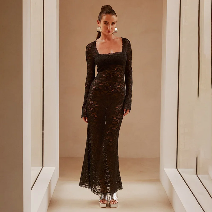 Women's Elegant Lace Floral Party Dress Long Sleeve Square Neck Bodycon Sexy See Through Maxi Dress