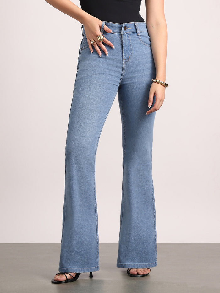 Women's Light Blue Mid Rise Bootcut Fit Washed Jeans Stretchable