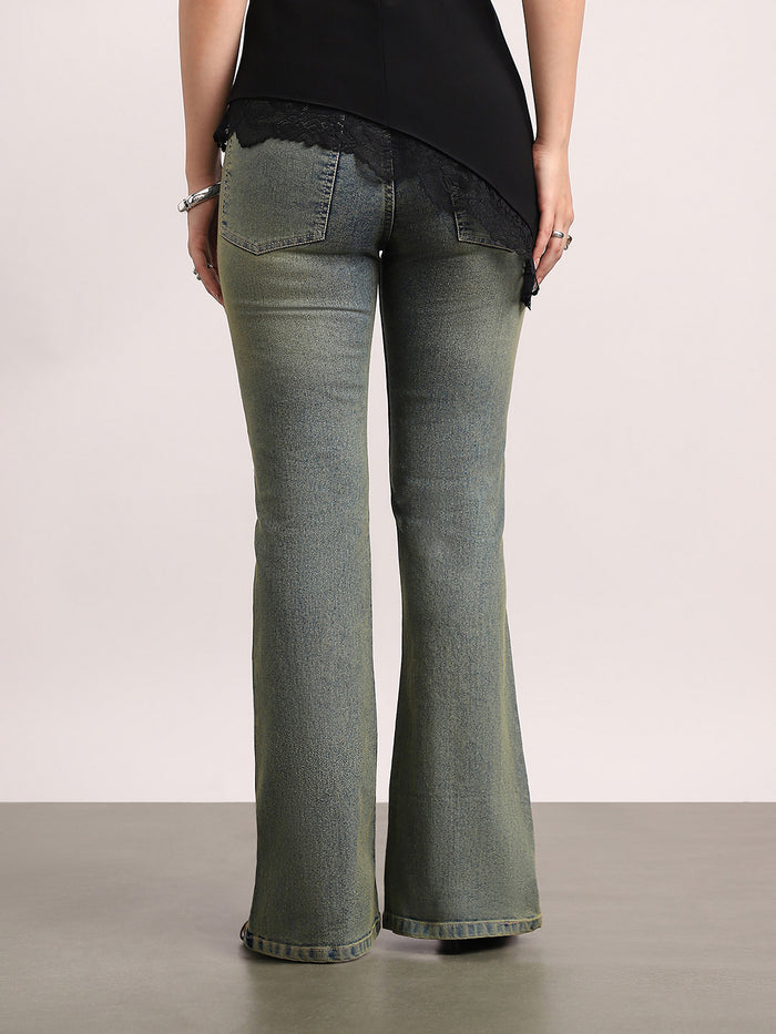 Women's Light Blue Mid Rise Bootcut Fit Washed Jeans Stretchable