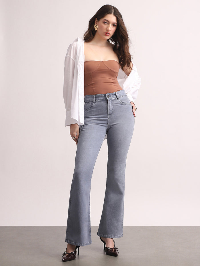 Women's Light Grey Mid Rise Bootcut Fit Washed Jeans Stretchable