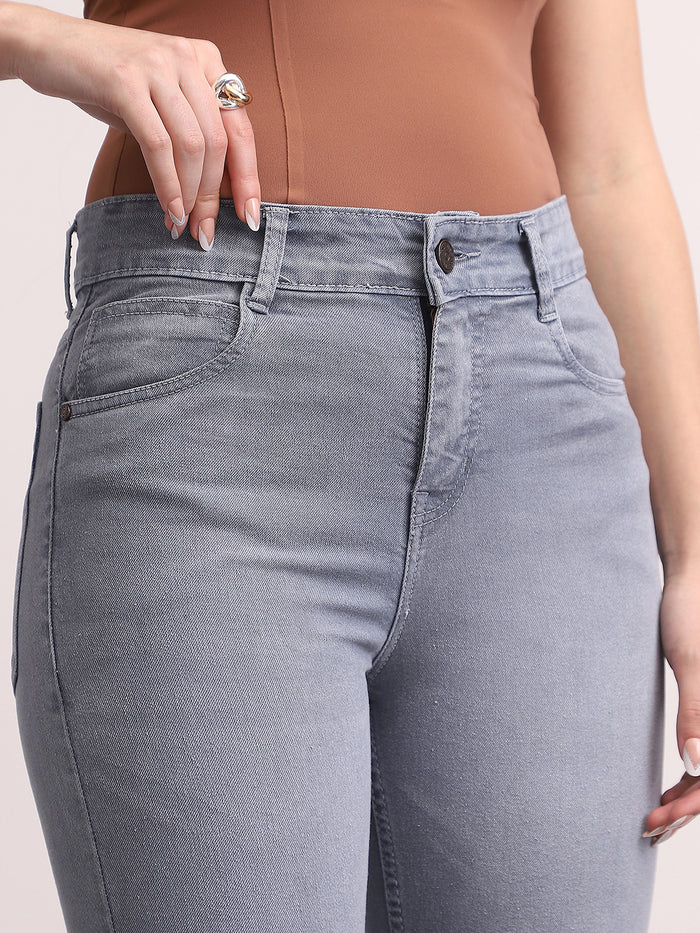Women's Light Grey Mid Rise Bootcut Fit Washed Jeans Stretchable