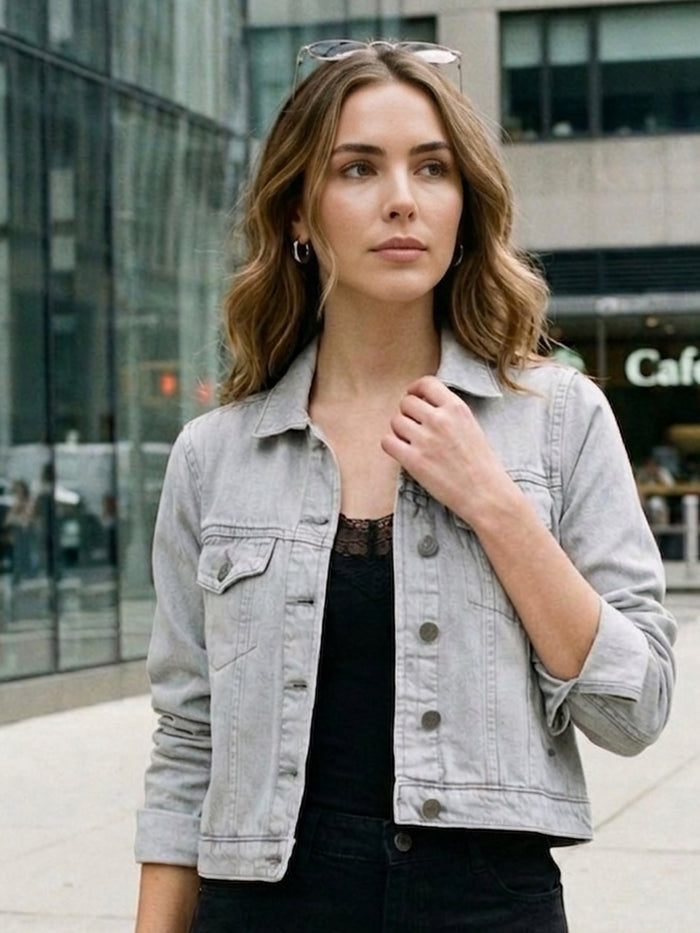 Women's Light Grey Regular Fit Washed Full Sleeve Denim Jacket