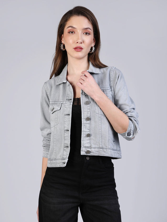 Women's Light Grey Regular Fit Washed Full Sleeve Denim Jacket